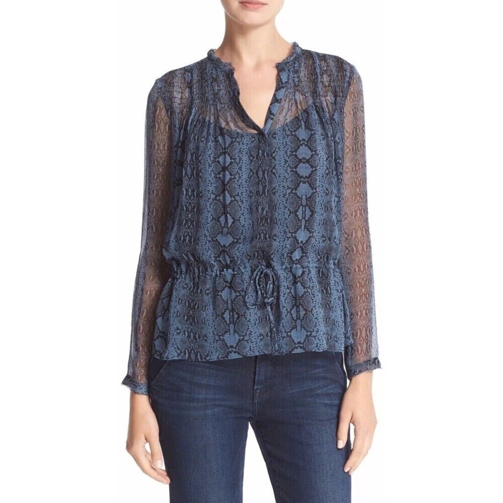 Rebecca Taylor Snake Print SILK Drawstring Blouson Top Sz 00 Blue Black Sheer